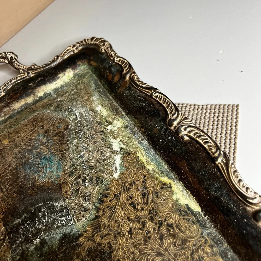 Vintage Silver Plated Rectangular Serving Tray Ornate Handles Etched Floral 19in